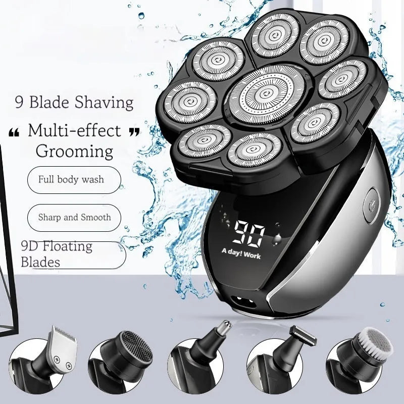 Black 6-in-1 multifunctional haircut suit with hair clipper, shaving head, nose trimmer, and attachments on display