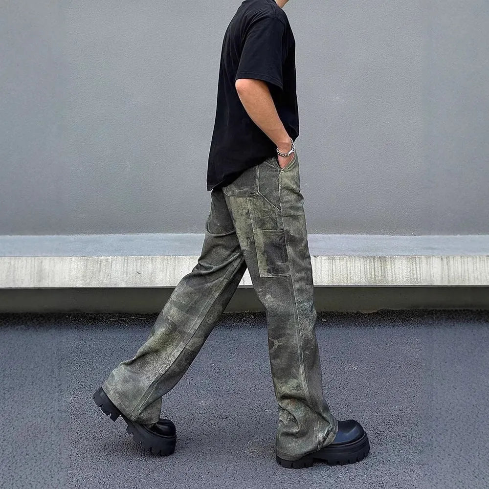Men's retro camouflage jeans with straight-leg cut and cotton denim fabric in sizes S to 3XL