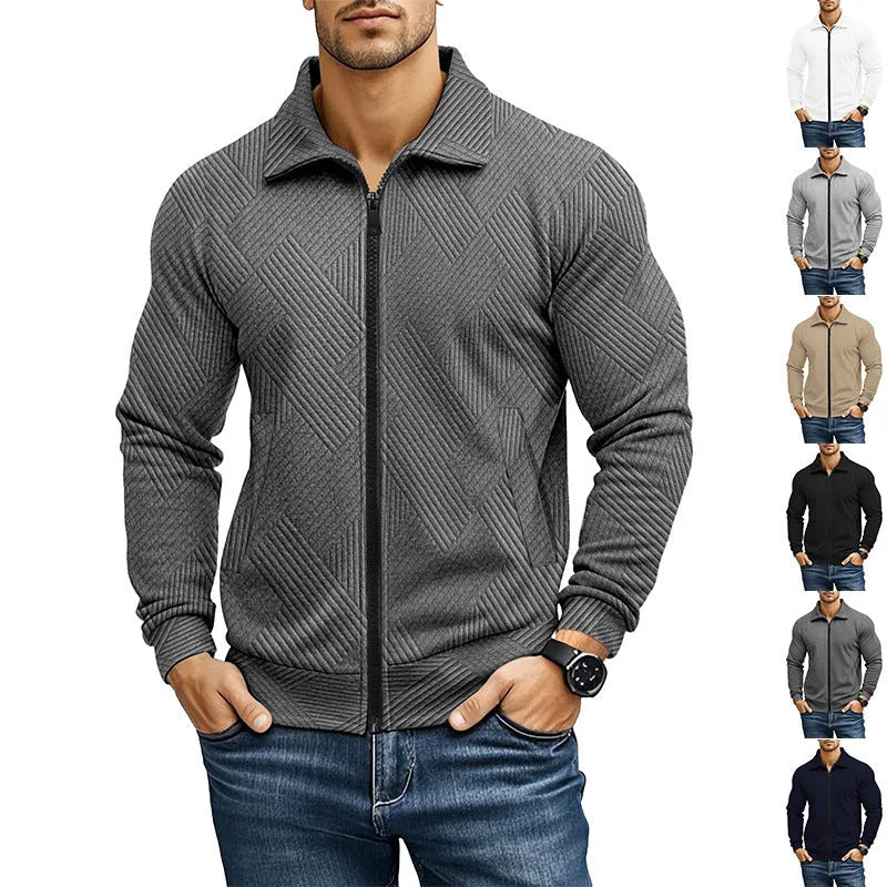 Men's solid colour British-style casual jacket with a turn-down waffle collar and long sleeves.