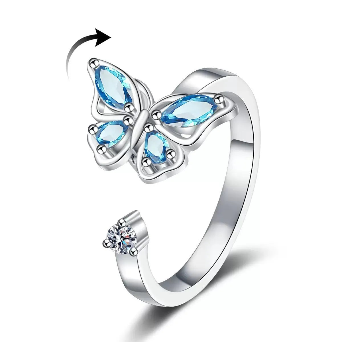 Adjustable butterfly ring in electroplated copper, available in white gold or yellow gold with blue or pink diamond finish