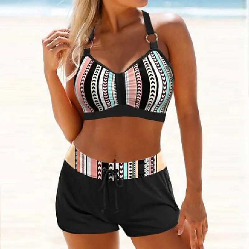 Women's two-piece polyester bikini swimsuit in print patterns and navy blue colour