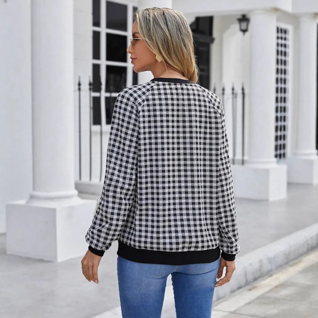 Black plaid pullover long sleeve sweater with striped pattern, available in sizes S to XXL