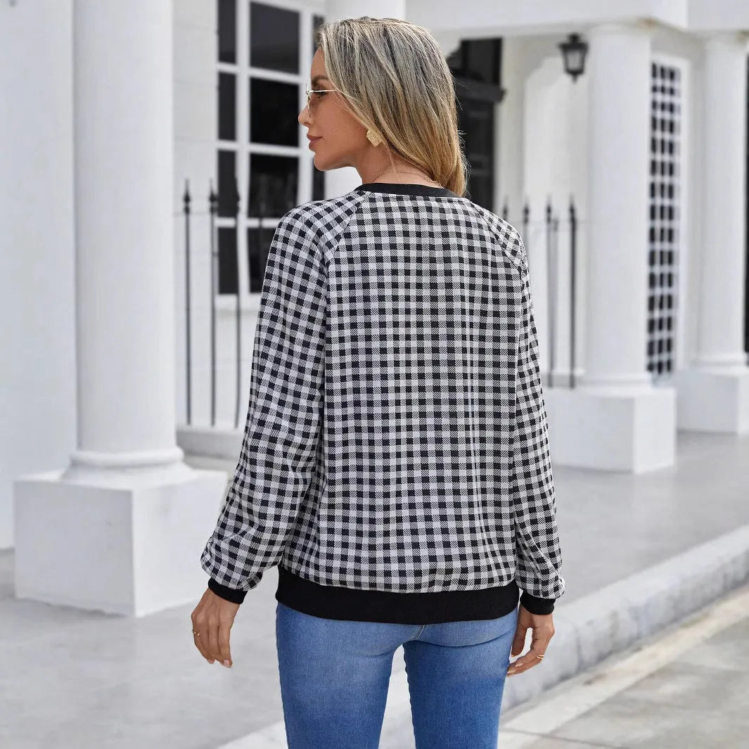 Black plaid pullover long sleeve sweater with striped pattern, available in sizes S to XXL