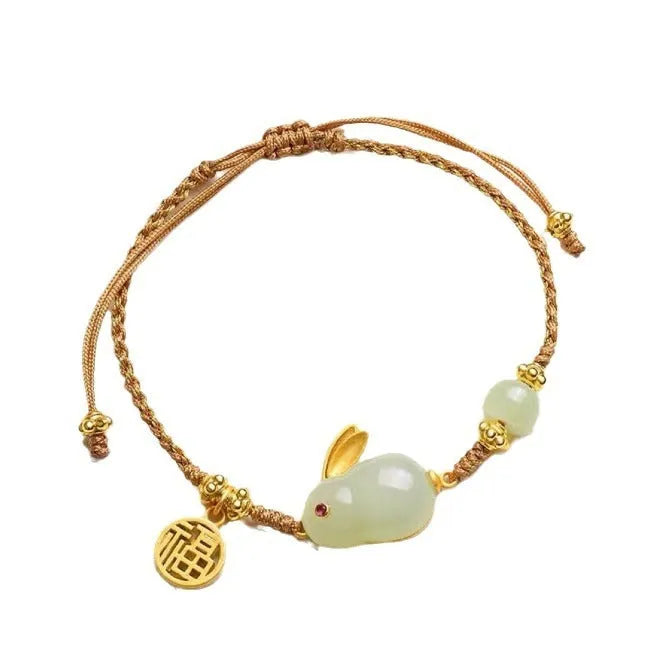 Yellow string bracelet with geometric Hetian jade rabbit charm for women