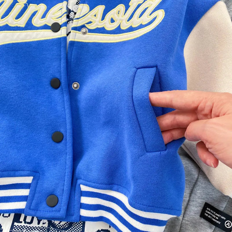 Boys cotton baseball jacket with stand-up collar in blue, black or green, sizes 100cm to 140cm
