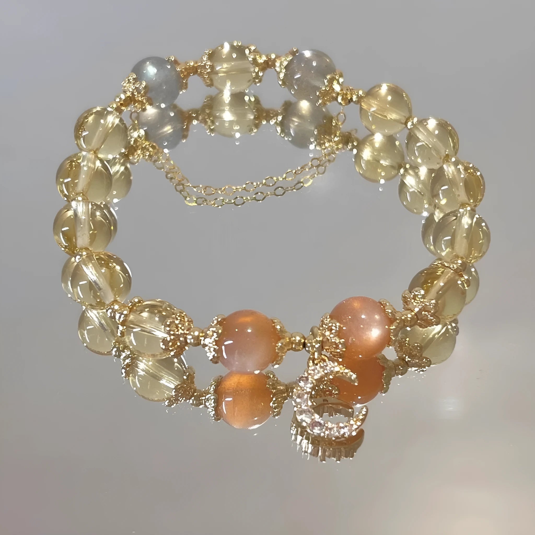 Chinese-style crystal bracelet with moonstone design and 14K gilded electroplating