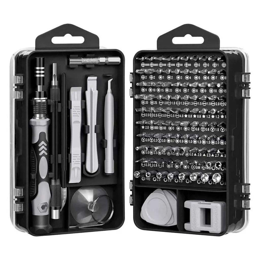 115-in-1 precision screwdriver set with 91 bits, non-slip handle and extension bar in a sturdy outer box