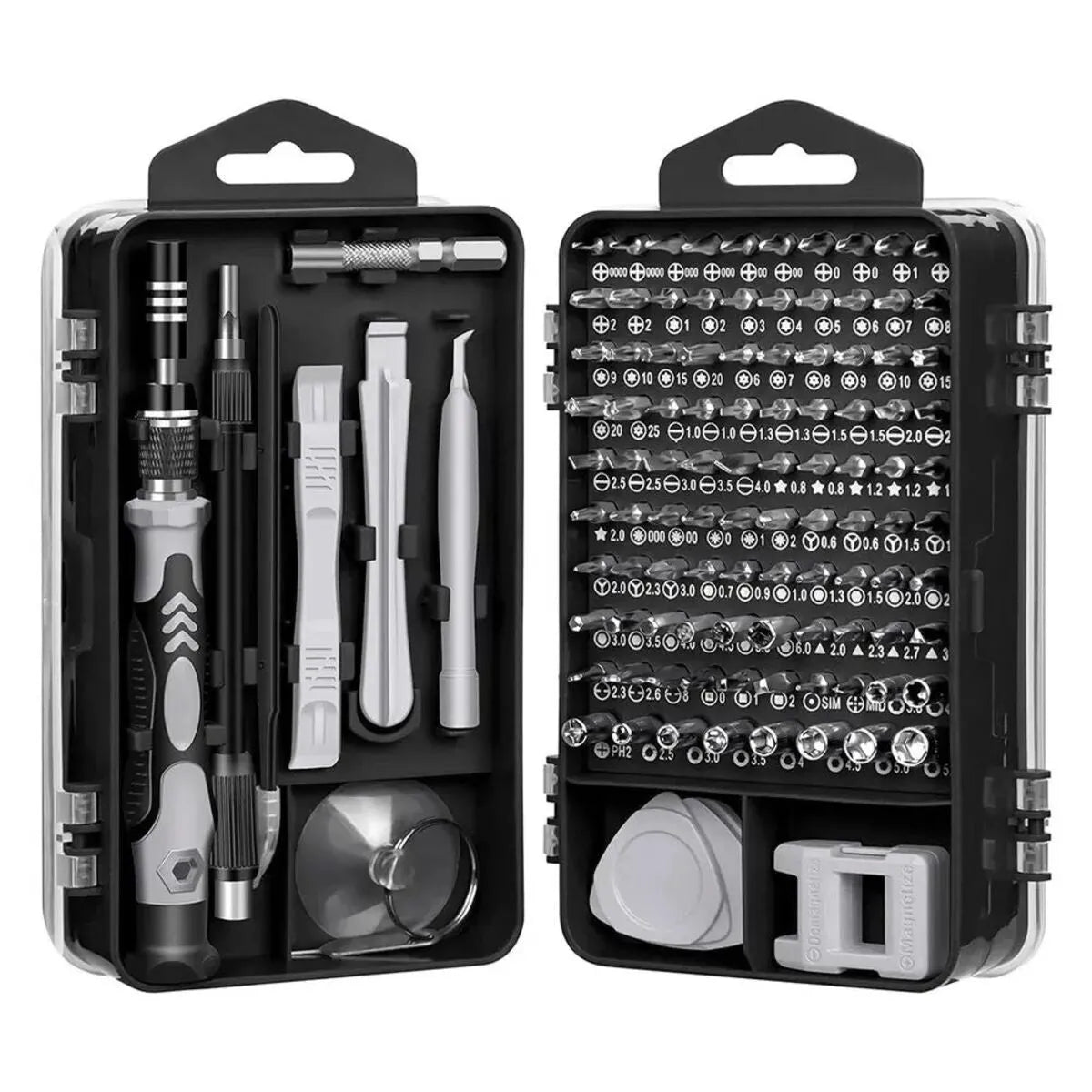 115-in-1 precision screwdriver set with 91 bits, non-slip handle and extension bar in a sturdy outer box