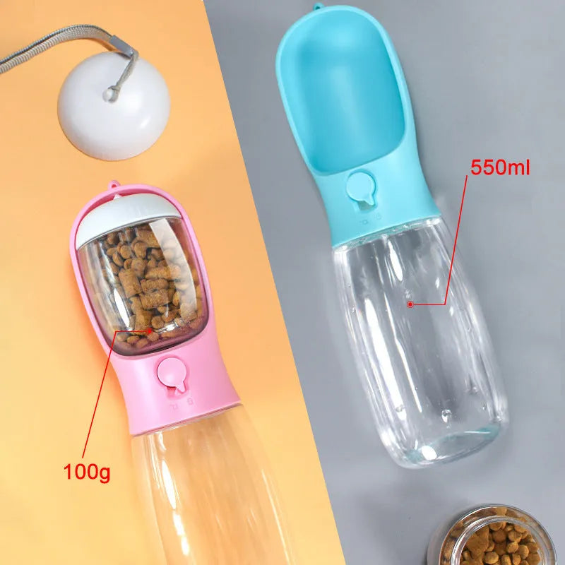 Portable plastic pet cup with 550ml water and 100g grain compartment, detachable design, shown in milk white, pink or turquoise