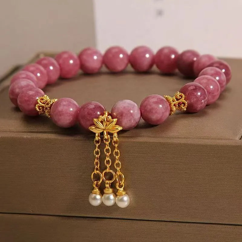 Women's natural stone bracelet with lotus tassel pearl pendant and pink white crystals