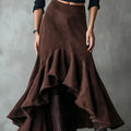 Brown women's maxi skirt with high-low hem and ruffle trim in eco-suede polyester fabric