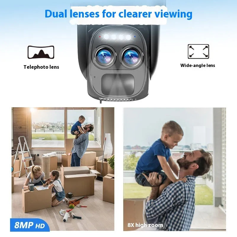 Solar-powered outdoor security camera with 8x zoom lens and solar panel on top, suitable for household monitoring