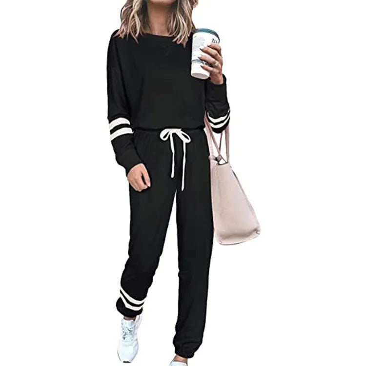 Women's loose-fitting casual suit set in solid colour with top and pants, available in plus sizes