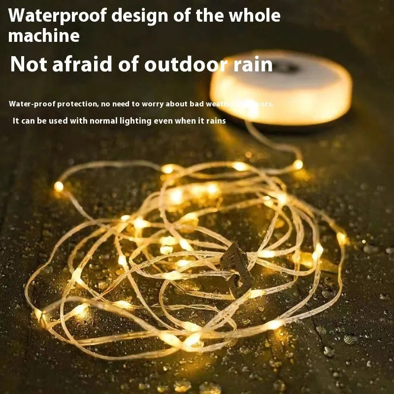 8 metre rechargeable outdoor tent string lights with 30 LED beads in warm white or multicolour modes