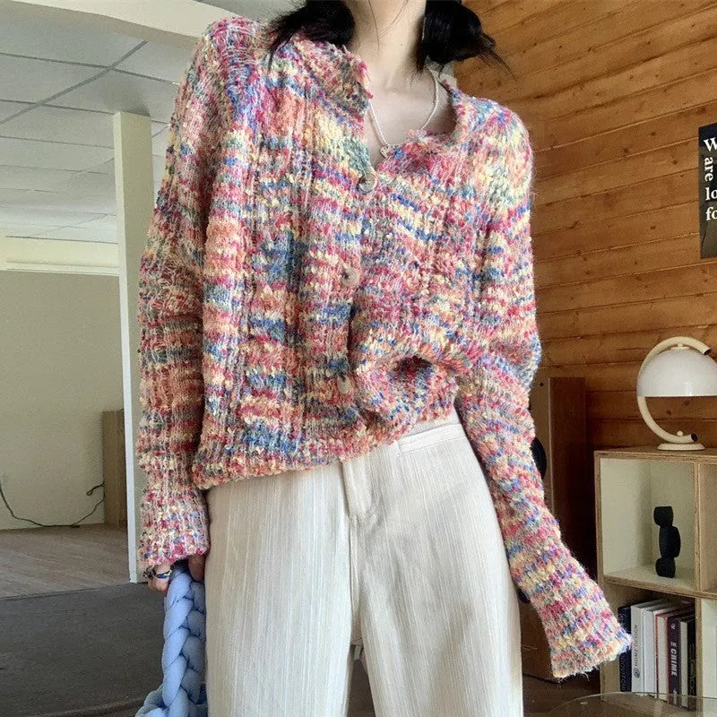 Retro gentle idle style knitted rainbow sweater in pink ice cream colour with slim fit design and medium thickness
