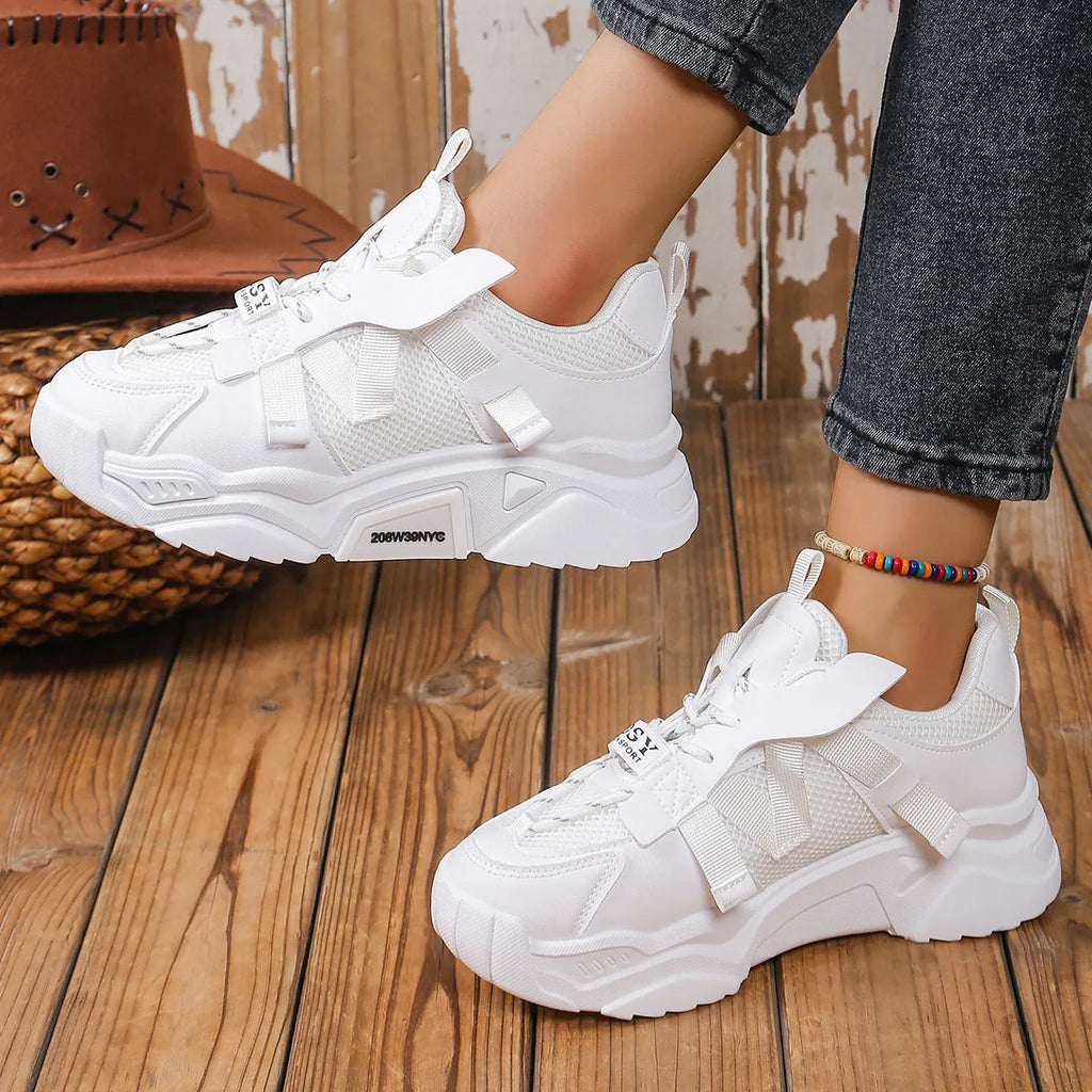 Women's platform mesh dad shoes with animal pattern, front lace-up design, available in purple, green, white, pink, yellow colours