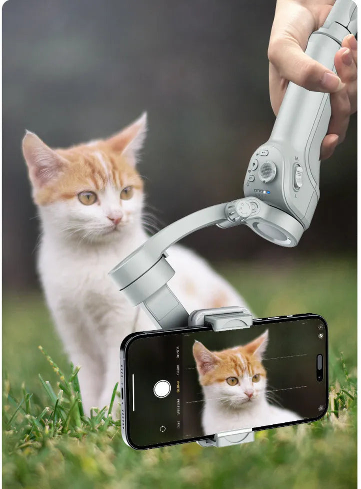 Grey ABS handheld three-axis anti-shake stabiliser with AI face tracking, fill light and camera strap