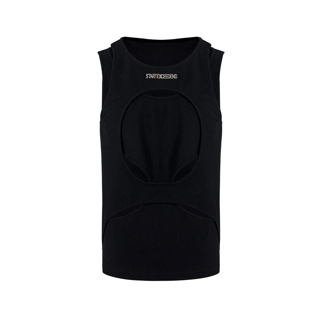 Men's sleeveless waistcoat in black or white with round neck and hollow thread design