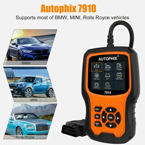 Autophix 7910 BMW diagnostic scanner with OBD2 connector and LCD display showing fault codes