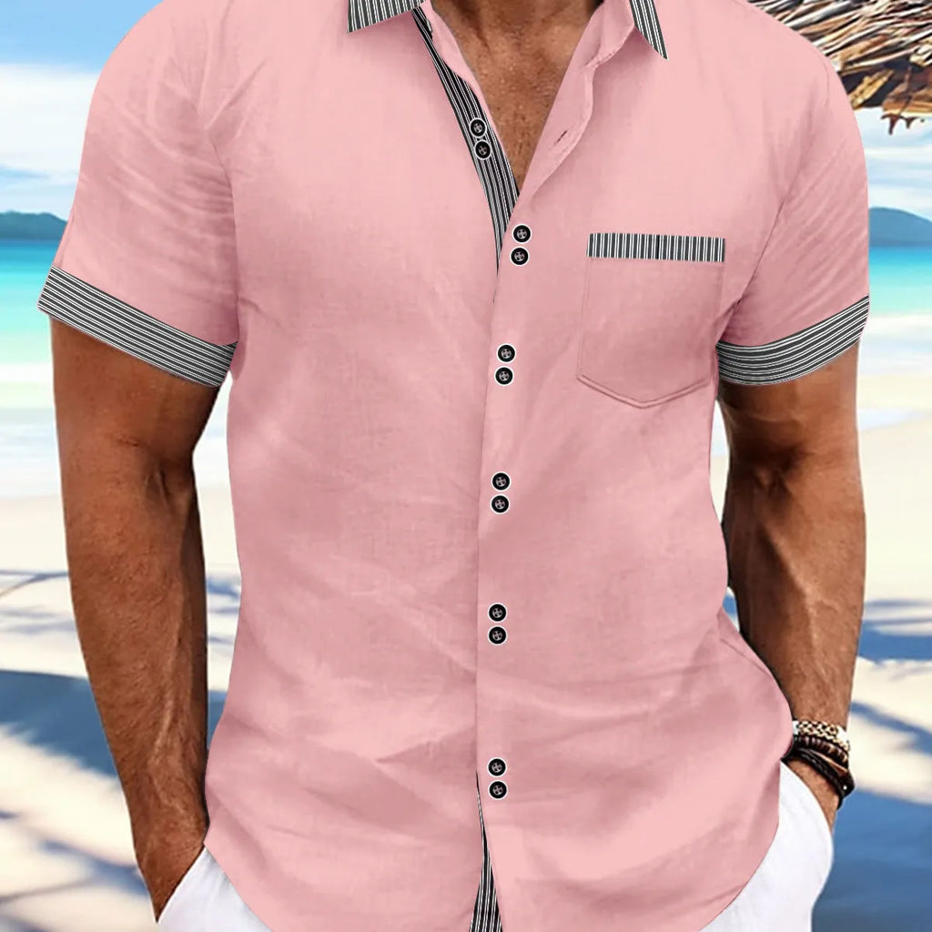 Men's striped slim-fit casual cotton shirt in multiple colours with short sleeves