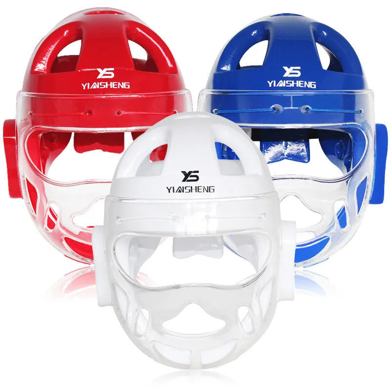 A white, blue, and red karate helmet for boxing head protection, shown in sizes S, M, L, and XL.