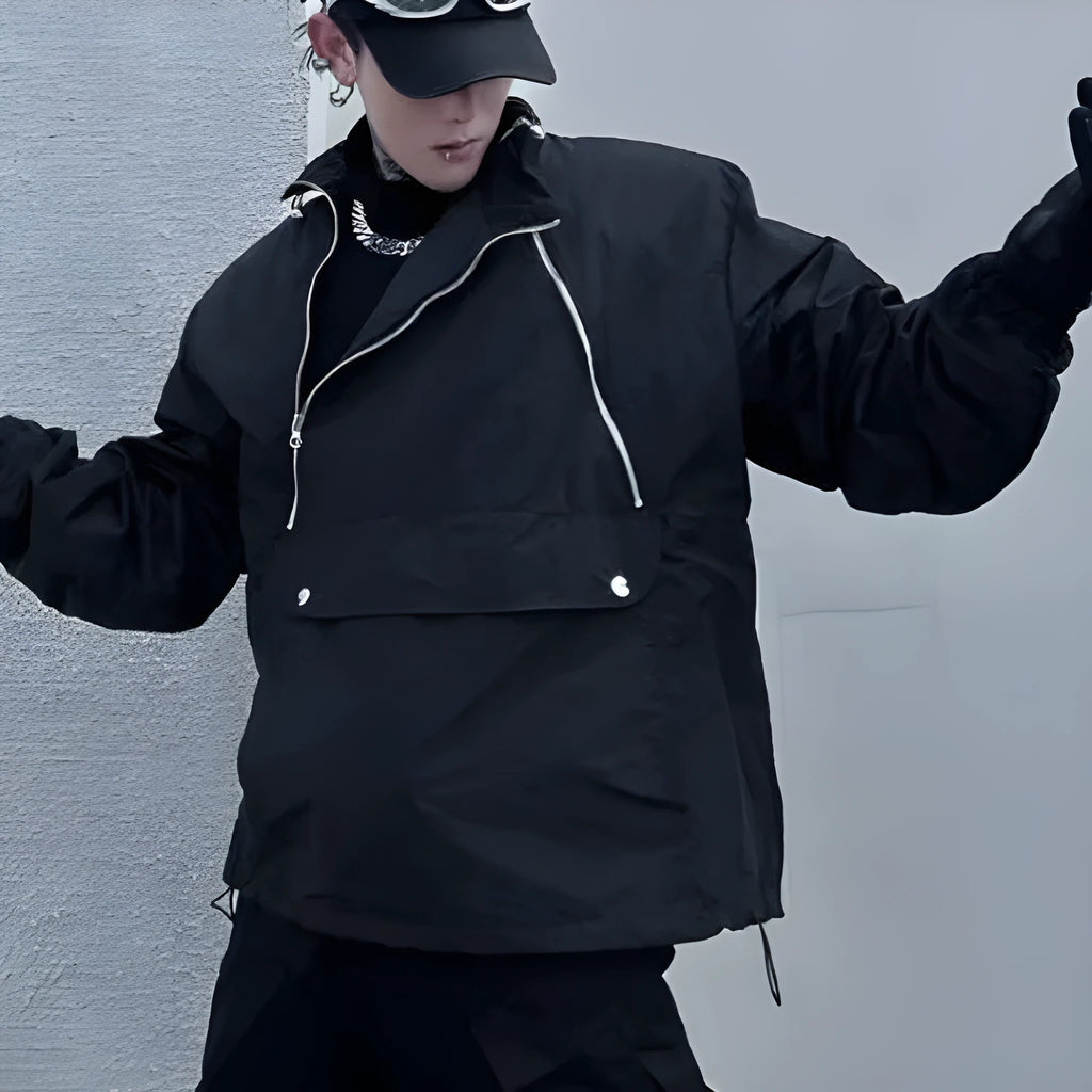 Black polyester shell jacket with double zipper and stand collar, sizes M L XL