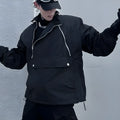Black polyester shell jacket with double zipper and stand collar, sizes M L XL