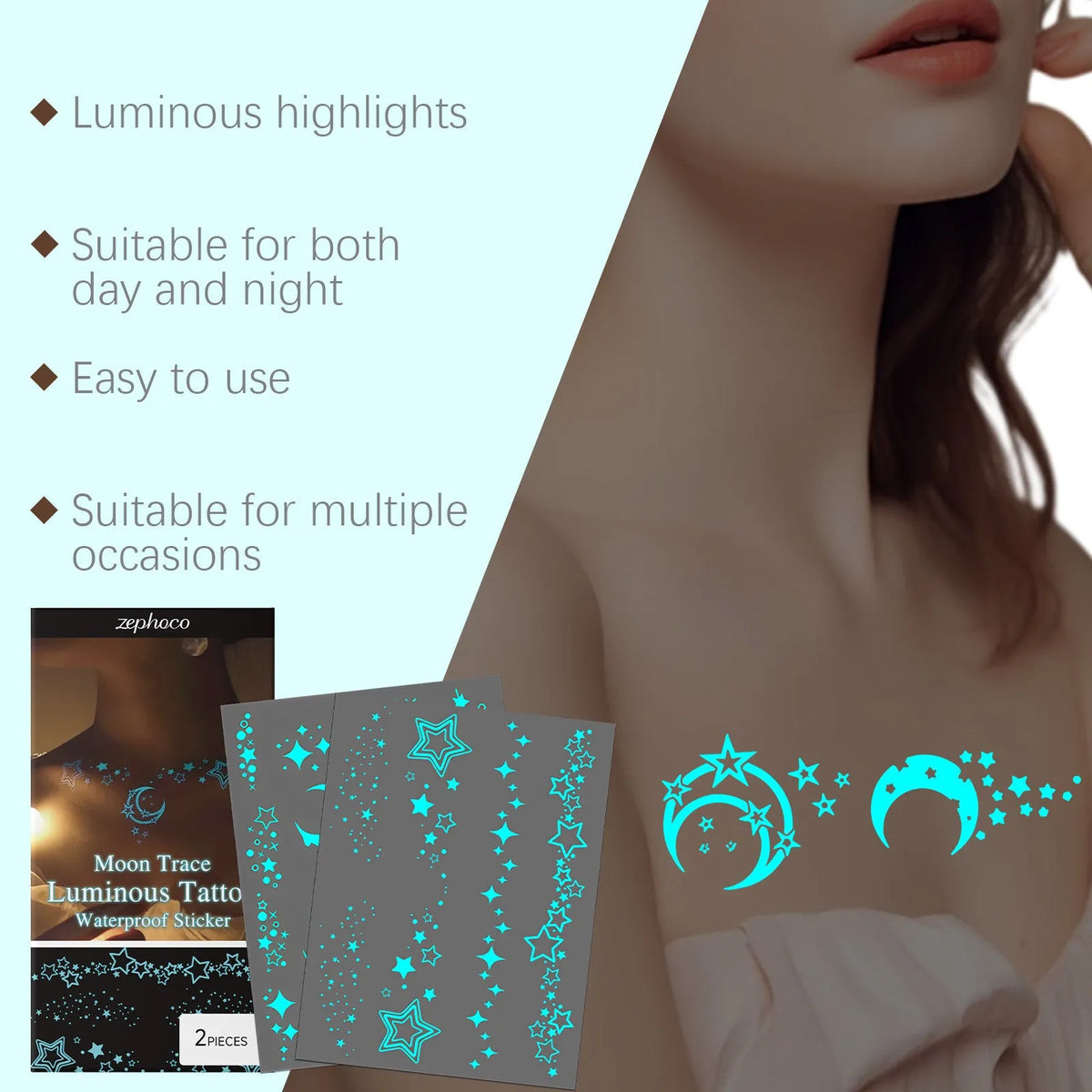 Pack of two luminous temporary tattoo stickers with a party ball design and included application paste.