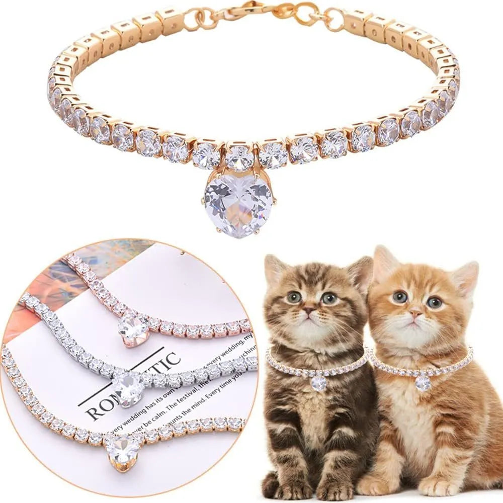 Bling rhinestones heart-shaped cat and dog necklace collar with adjustable sizing in gold, platinum, rose gold colours