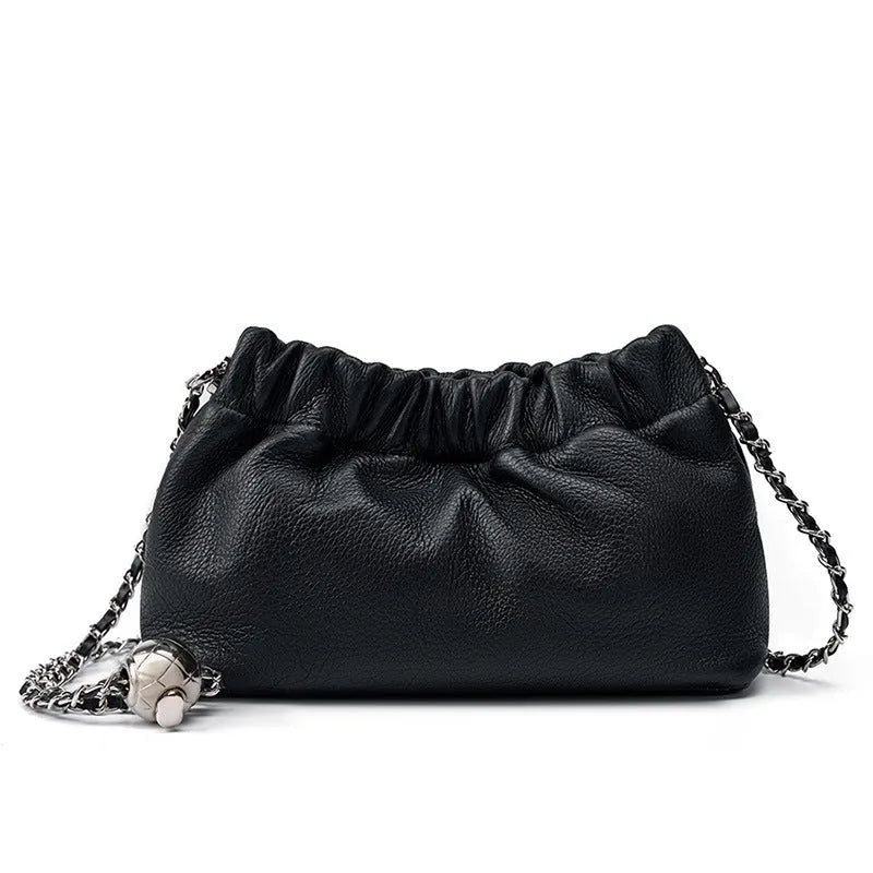 Women's genuine leather crossbody bag with chain strap in Black, Milky White, and Elephant Grey colours.