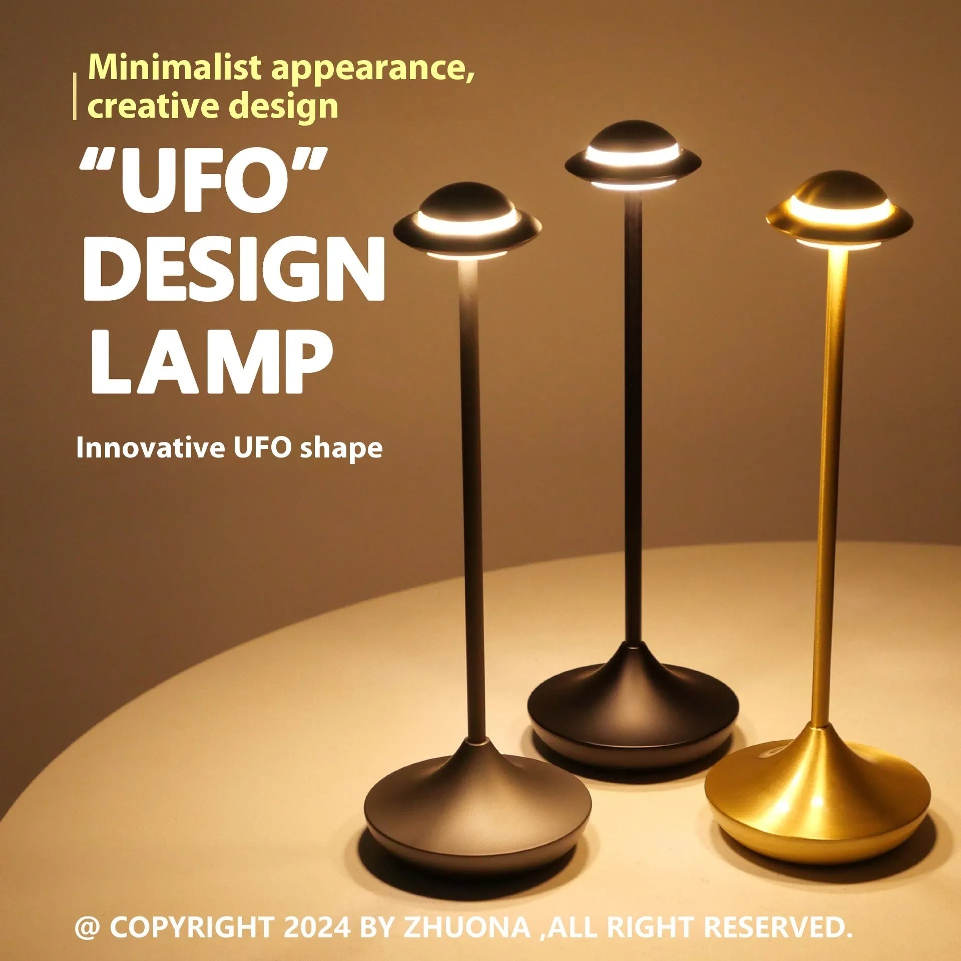UFO Table Lamp in black with touch dimming panel and rechargeable design on a wooden desk