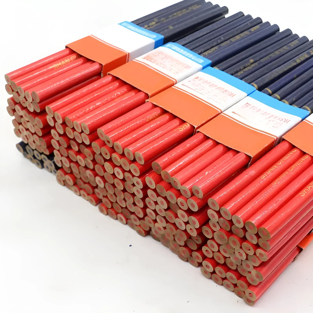 Pack of ten round red and blue wooden carpenter pencils for woodworking marking.