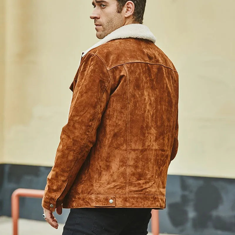 Men's brown pigskin leather jacket with cotton padding, lapel collar, single-breasted front, straight regular fit