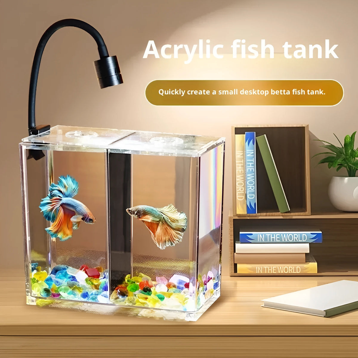 Thickened acrylic fish tank building block, single grid cylinder with blue glass and spotlight, tabletop use, blue colour option.