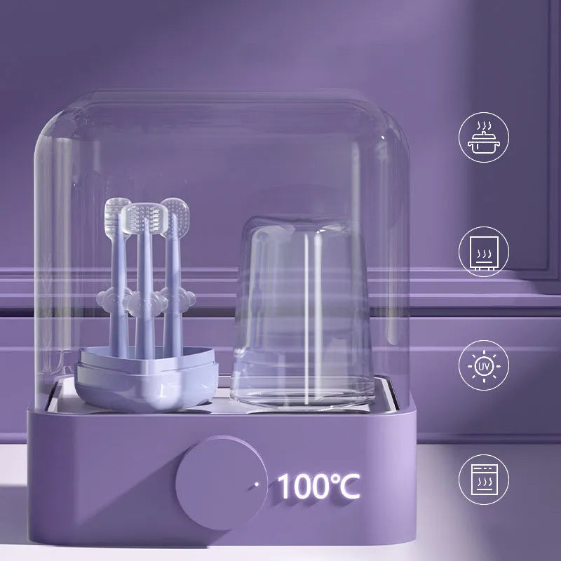 Purple soft silicone toothbrush for cleaning cat and dog teeth on a white background.