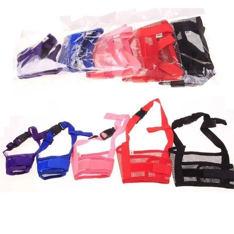 Adjustable plastic dog muzzle in black, red, blue, pink, or purple colours showing size options for biting and barking control