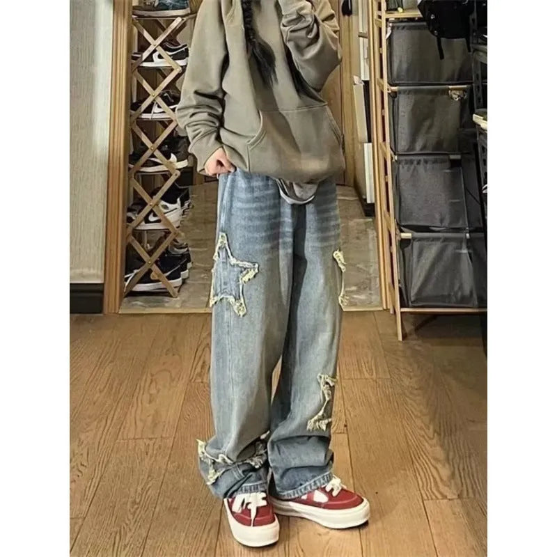 High-waist straight-leg denim trousers in blue, sizes XS to 2XL, 100% cotton composition
