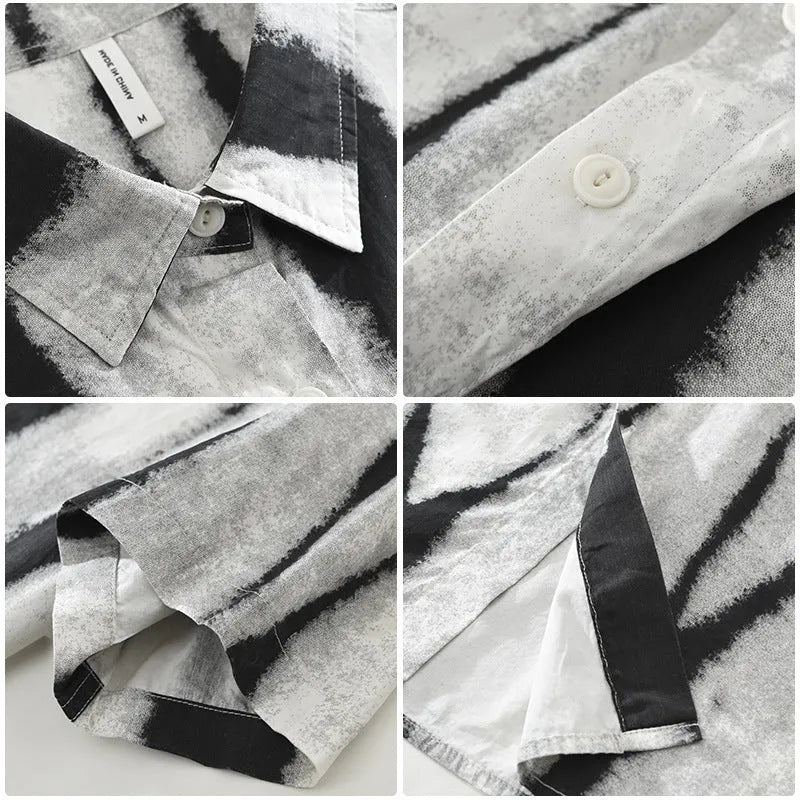 Retro striped short sleeve shirt in pure cotton, black and brown stripes, loose cardigan style, non-ironing feature