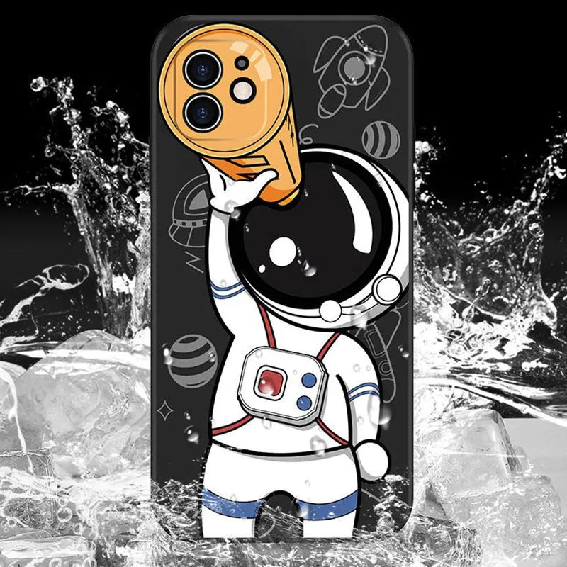 Colourful cartoon astronaut and planet design on a black silicone case for iPhone.