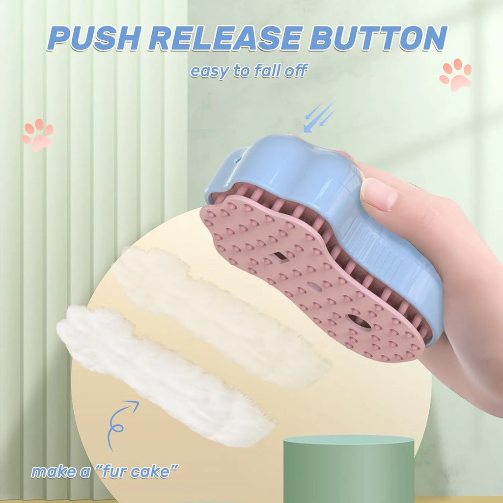 Blue self-cleaning cat steam brush with silicone heads and release button for pet grooming