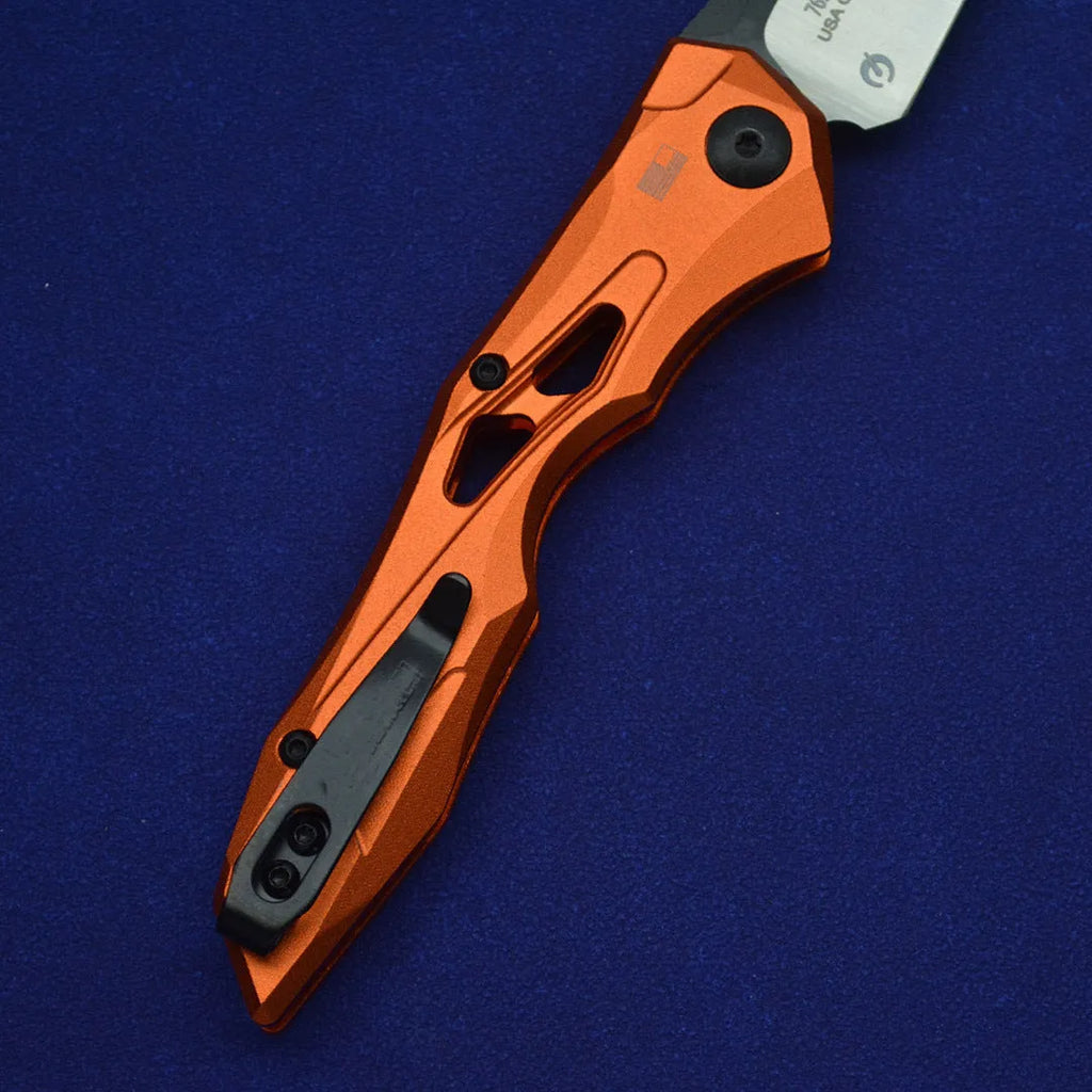 Black folding fruit knife with D2 steel blade and aluminium handle showing 19cm length