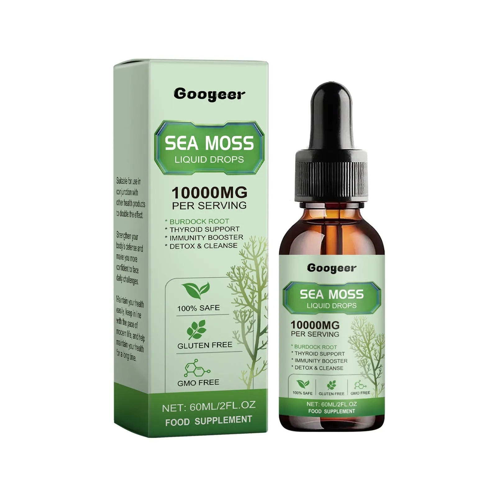 Googeer sea moss liquid drops body treatment in a 60ml bottle.