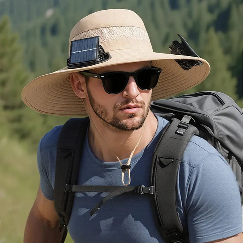 Men's solar-powered fan hat for fishing in khaki colour with integrated cooling fan.