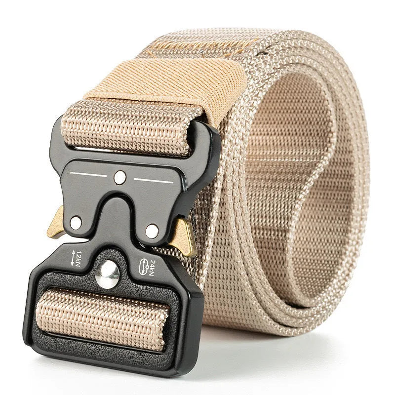Men's canvas tactical belt showing alloy release buckle and textured 2-4cm width material in Army Green colour