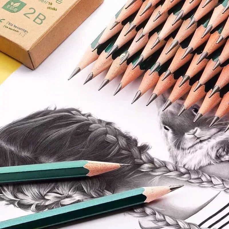Green Rod hexagonal wooden pencil set with HB and 2B graphite grades, 10 pencils in a box