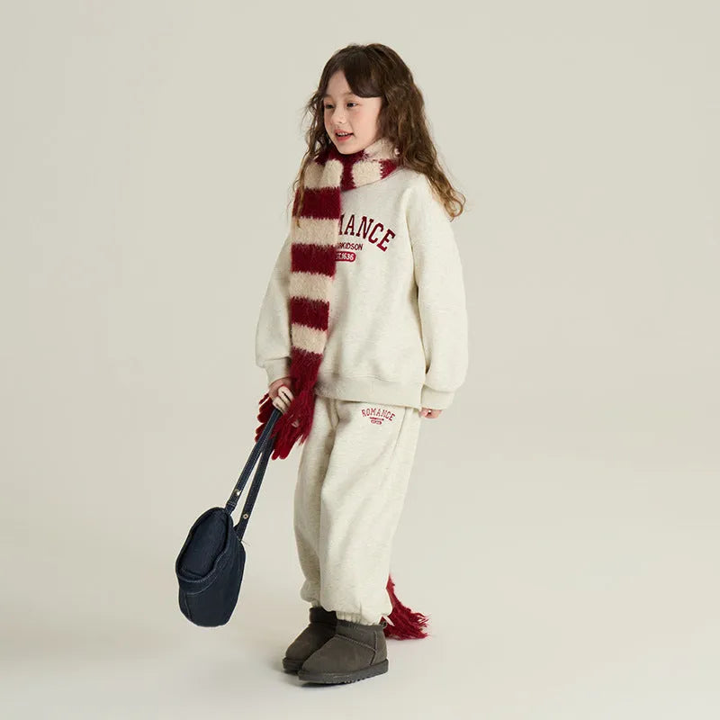 Children's velvet sport suit two-piece set, cotton pullover sweatshirt and sweatpants with letter pattern, light gray red navy blue
