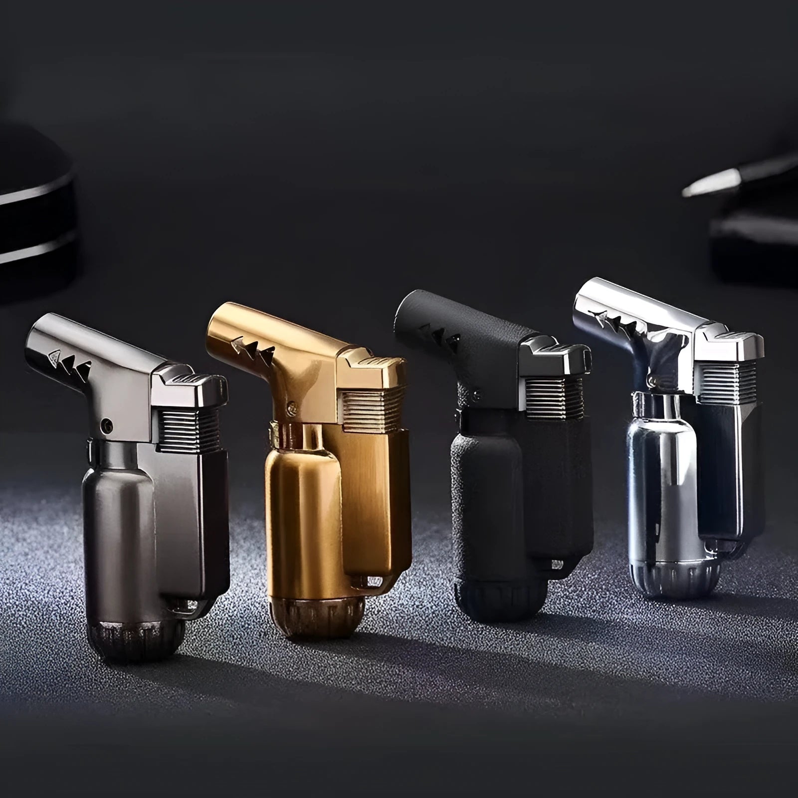Full metal windproof lighter with straight punch ignition in black gold grey silver colours