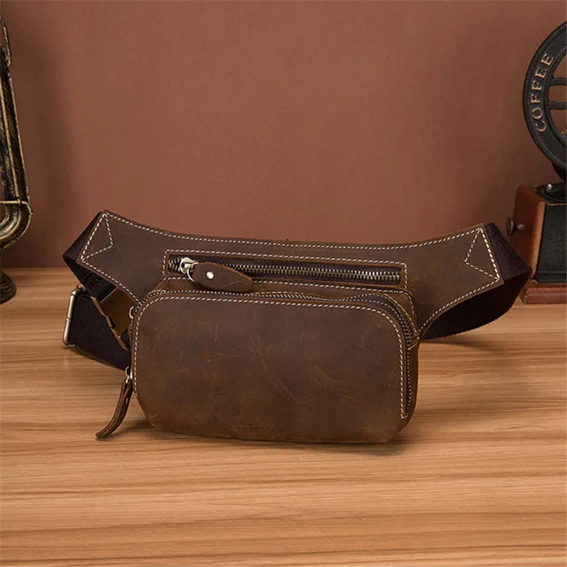 Brown top layer cowhide men's sports waist bag with pull closure and internal phone compartment