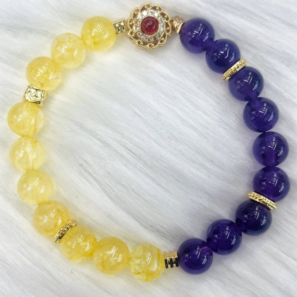 Handmade women's crystal bracelet with yellow and purple amethyst stones, manual craftsmanship
