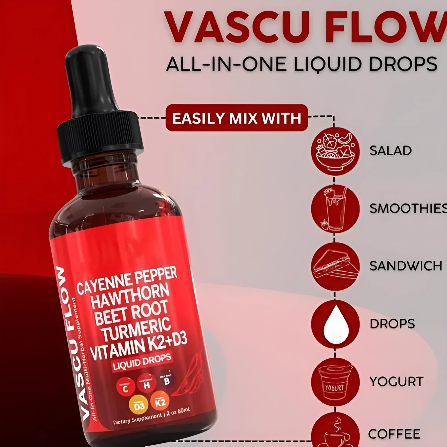 A 60ml glass bottle of Vitamin D3 K2 hawthorn fruit liquid supplement drops with a built-in dropper.
